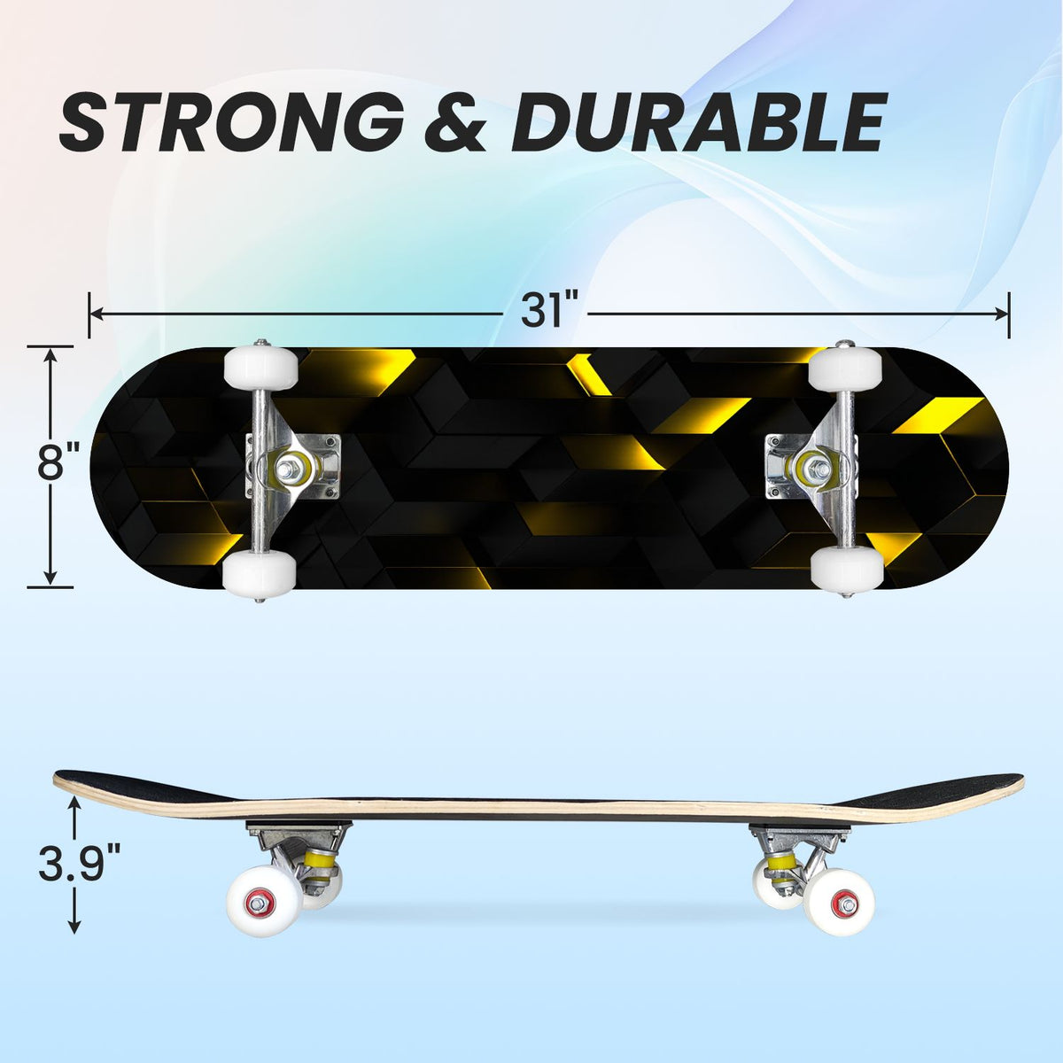 31"x8" Complete Skateboards for Beginners, Honeycomb Futuristic Hexagonal Neon Glowing Orange Light Double Kick 7 Ply Canadian Maple Deck Skateboard with Wheels, Gifts for Kids Teens