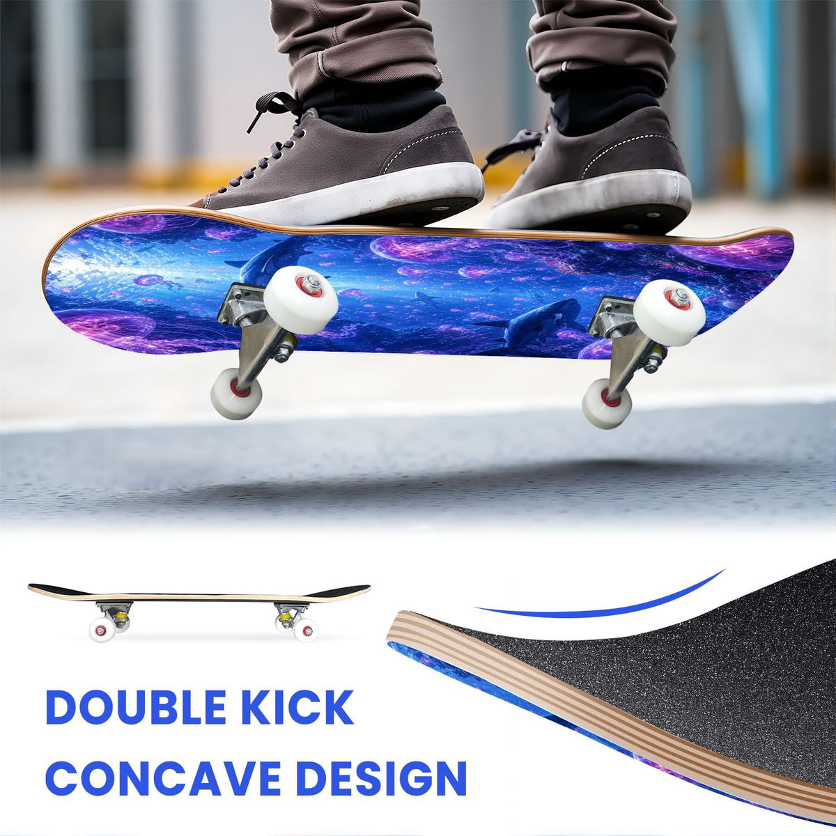 31"x8" Complete Skateboards for Beginners, Underwater Sharks Glowing Purple Jellyfish Marine Life Double Kick 7 Ply Canadian Maple Deck Skateboard with Wheels, Gifts for Kids Teens