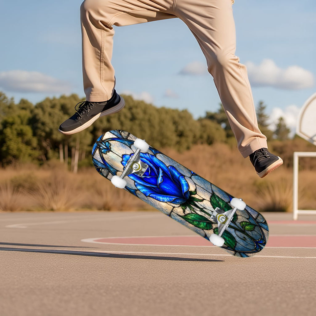 Modern Botanical Watercolor Pink Gold Mint Navy Leaves 31" x 8" Complete Skateboard, 7-Ply Canadian Maple Double Kick Trick Board for Kids and Beginners Adult Gifts