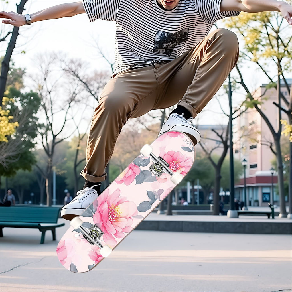 31"x8" Complete Skateboards for Beginners, Elegant Floral Pink Roses Blue Butterflies Double Kick 7 Ply Canadian Maple Deck Skateboard with Wheels, Gifts for Kids Teens