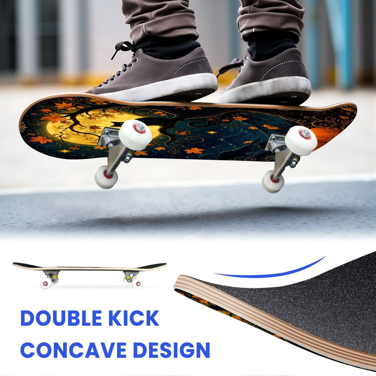 31"x8" Complete Skateboards for Beginners,Halloween Forest Bats Black Cat Glowing Double Kick 7 Ply Canadian Maple Deck Skateboard with Wheels, Gifts for Kids Teens