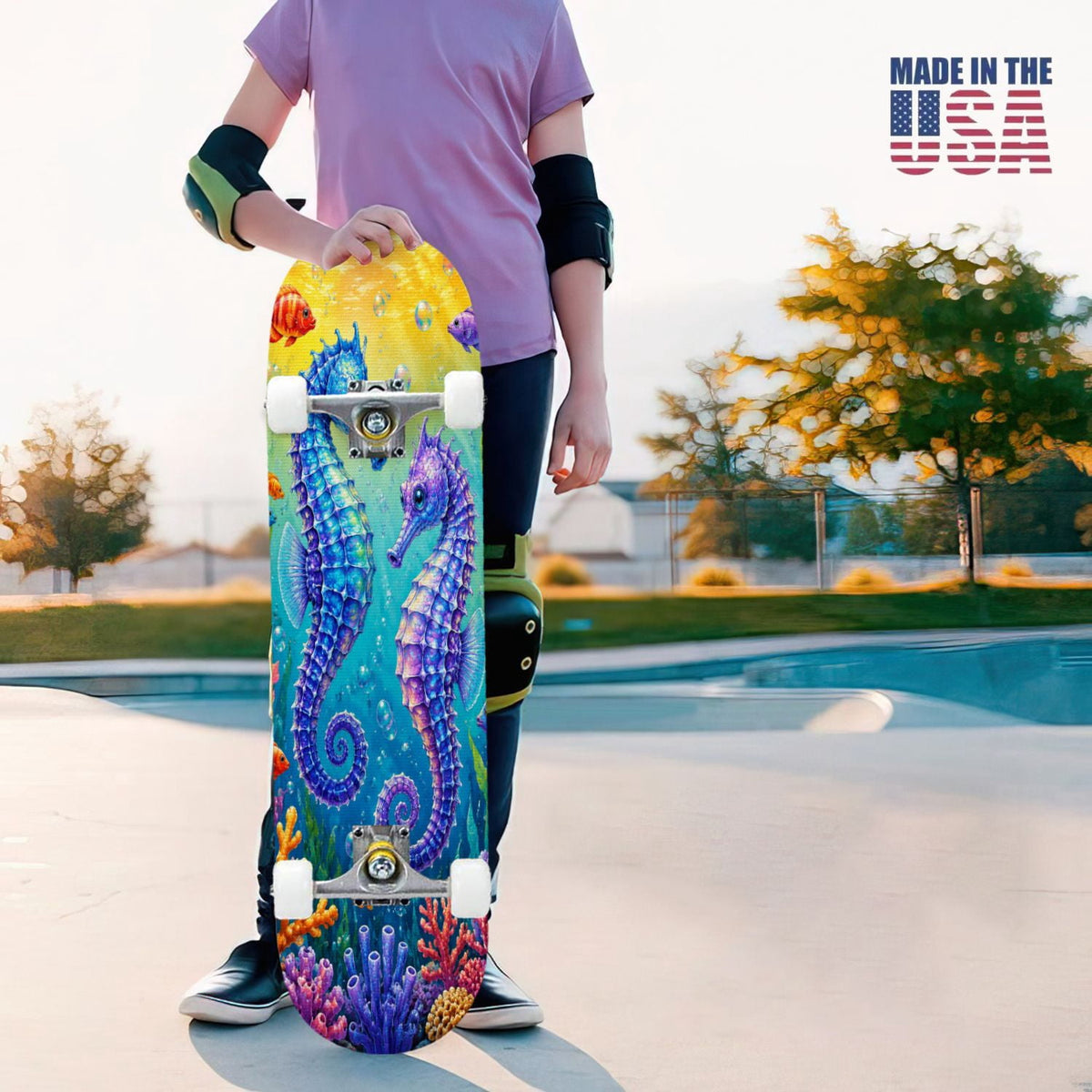 31"x8" Complete Skateboards for Beginners, Colorful Underwater Two Seahorses Coral Reefs Double Kick 7 Ply Canadian Maple Deck Skateboard with Wheels, Gifts for Kids Teens
