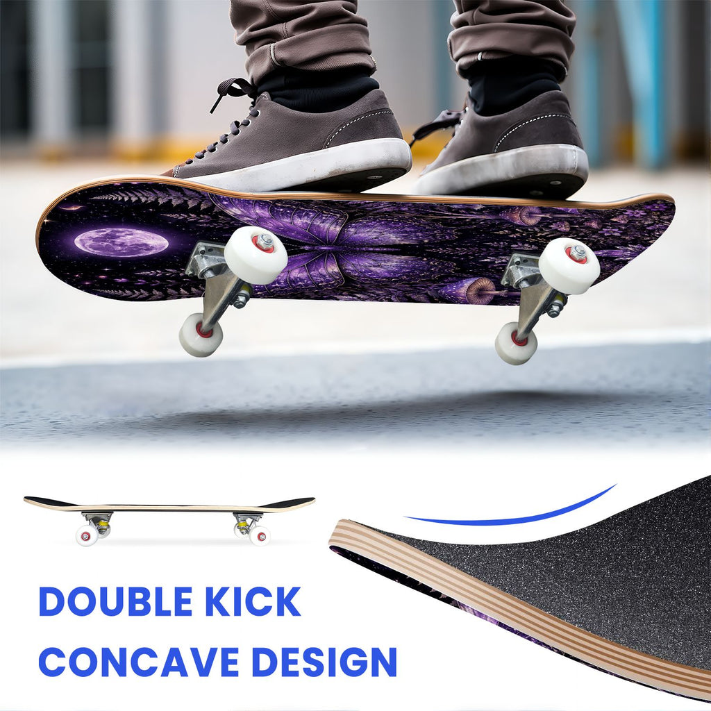 31"x8" Complete Skateboards for Beginners, Blue Moth Moonlight Flowers Mushrooms Forest Double Kick 7 Ply Canadian Maple Deck Skateboard with Wheels, Gifts for Kids Teens