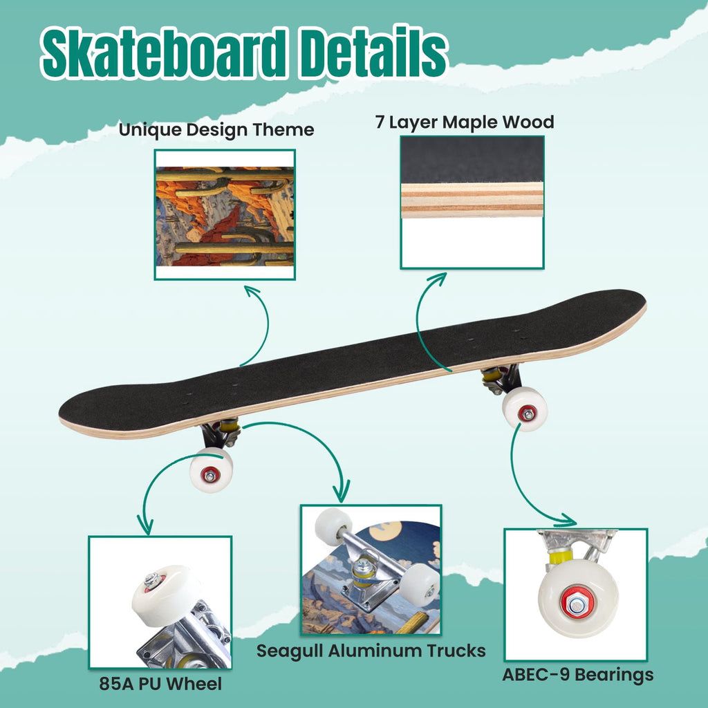 Western Cowboy Horses Desert Landscape 31" x 8" Complete Skateboard, 7-Ply Canadian Maple Double Kick Trick Board for Kids and Beginners Adult Gifts
