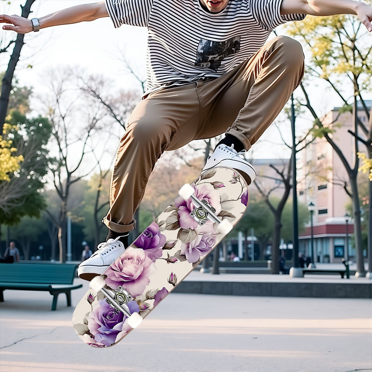 31"x8" Complete Skateboards for Beginners, Elegant Floral Pink Roses Blue Butterflies Double Kick 7 Ply Canadian Maple Deck Skateboard with Wheels, Gifts for Kids Teens