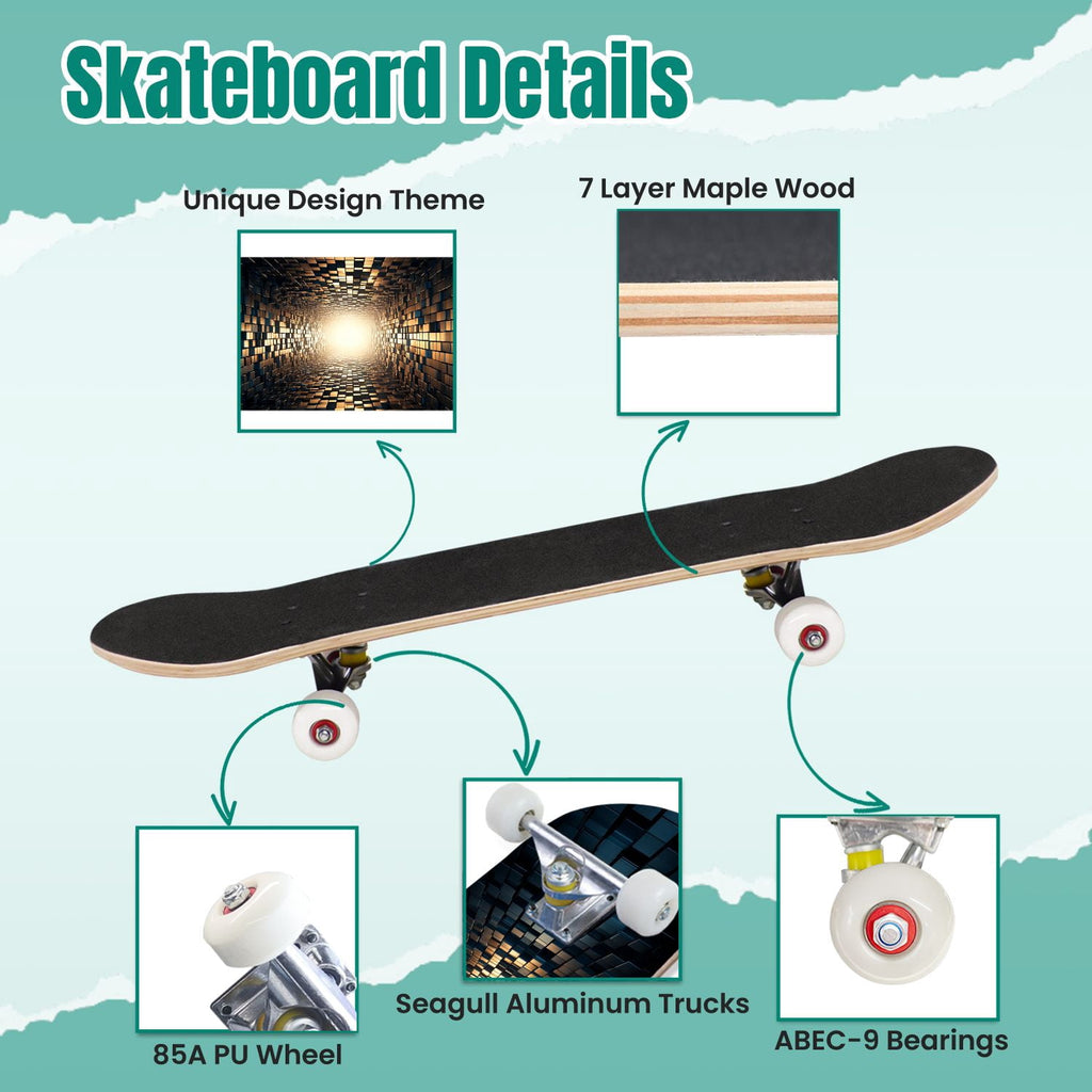 Glowing Futuristic Cubic Tunnel Metallic Tiles Bright Light 31" x 8" Complete Skateboard, 7-Ply Canadian Maple Double Kick Trick Board for Kids and Beginners Adult Gifts