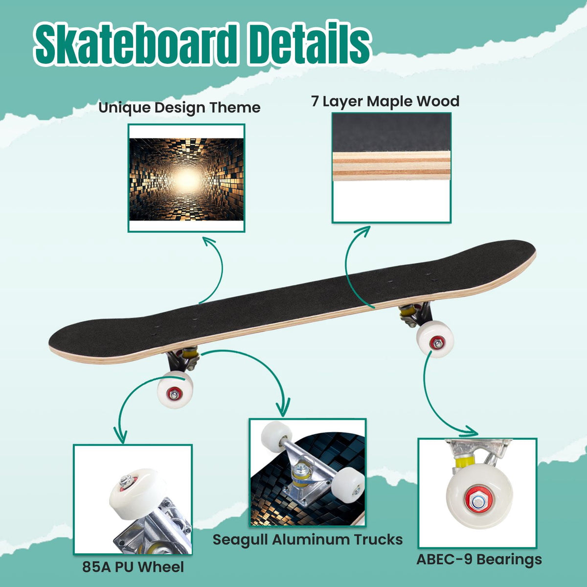 Glowing Futuristic Cubic Tunnel Metallic Tiles Bright Light 31" x 8" Complete Skateboard, 7-Ply Canadian Maple Double Kick Trick Board for Kids and Beginners Adult Gifts