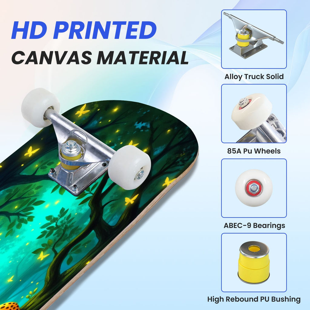 31"x8" Complete Skateboards for Beginners, Magical Forest Glowing Mushrooms Twinkling Fantasy Double Kick 7 Ply Canadian Maple Deck Skateboard with Wheels, Gifts for Kids Teens
