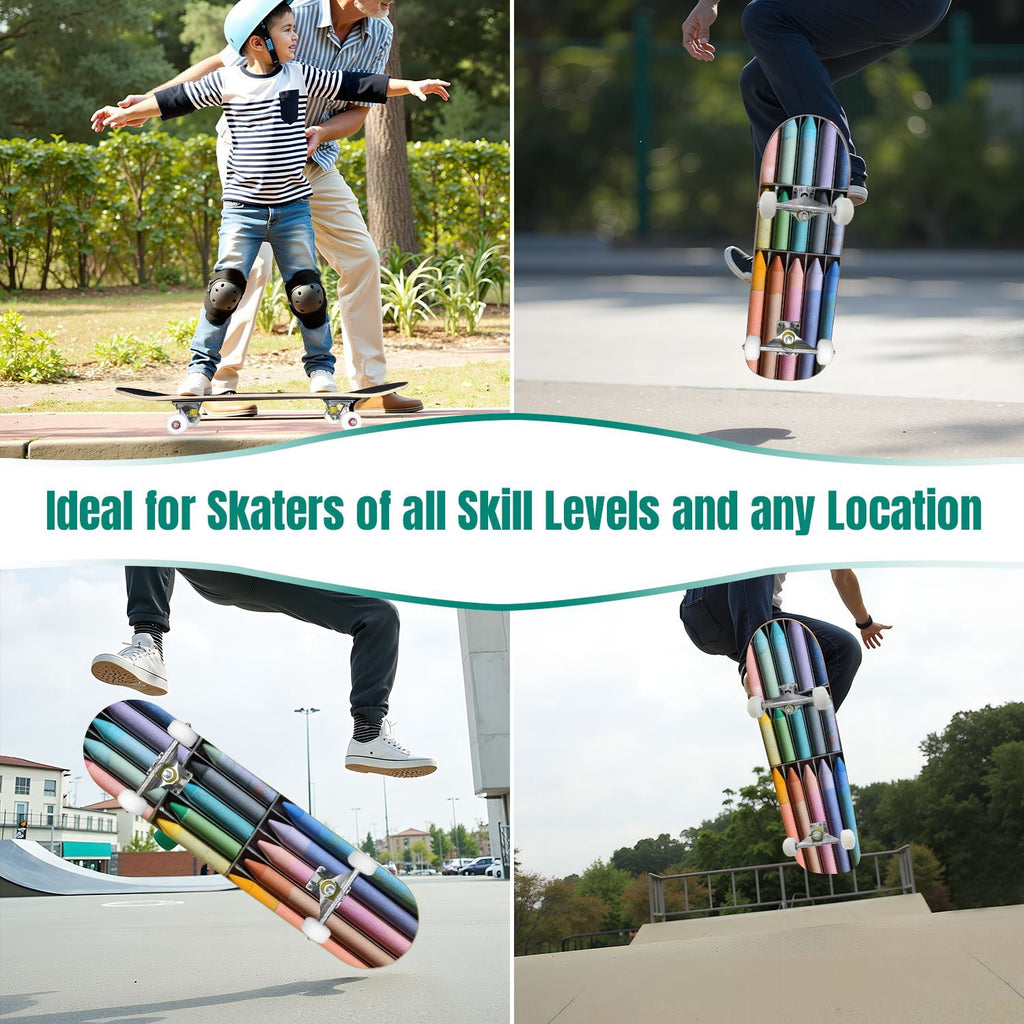 Vintage Damask Light Blue Brown Tones 31" x 8" Complete Skateboard, 7-Ply Canadian Maple Double Kick Trick Board for Kids and Beginners Adult Gifts