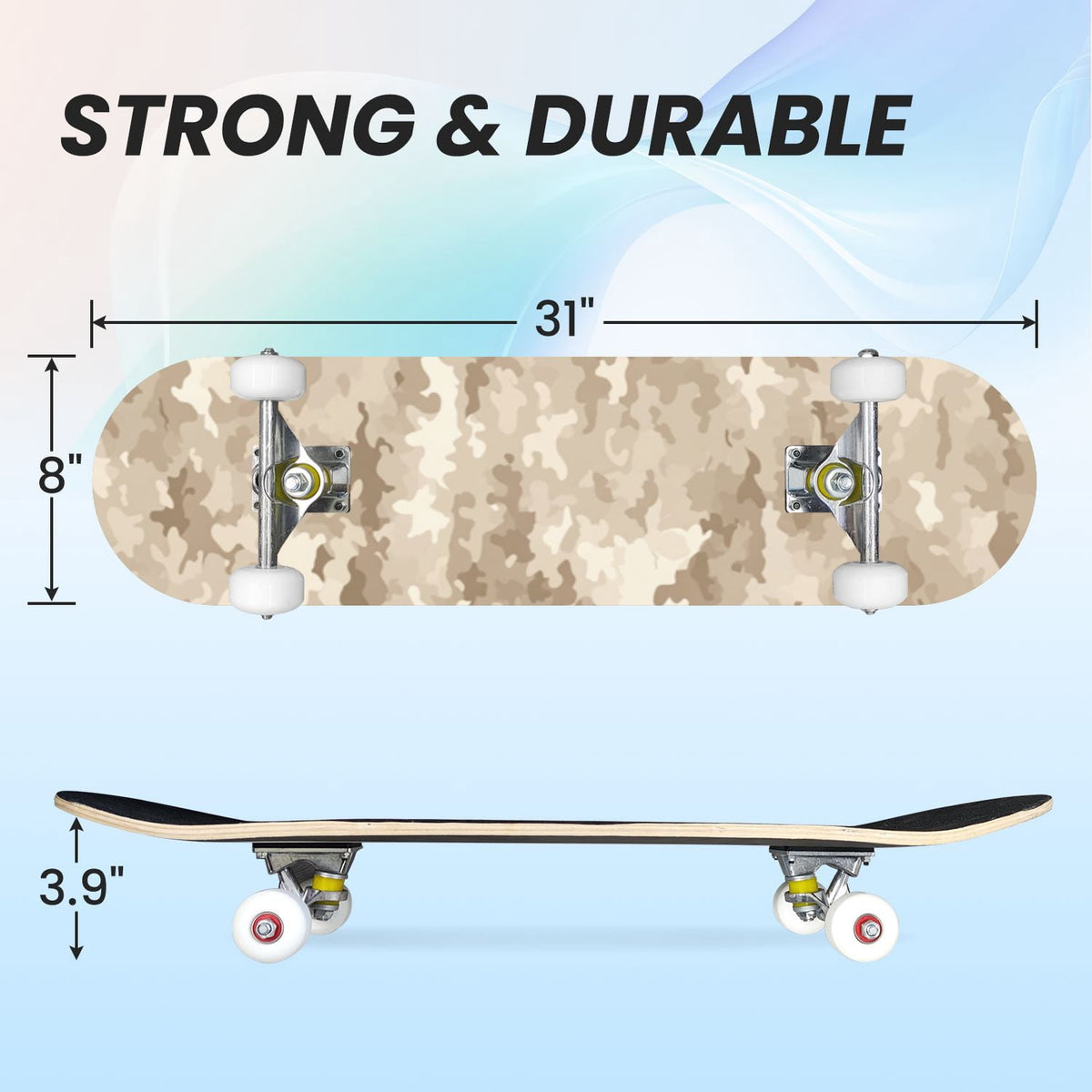 31"x8" Complete Skateboards for Beginners,Desert Camouflage Beige Tan Cream Organic Abstract Shapes Double Kick 7 Ply Canadian Maple Deck Skateboard with Wheels, Gifts for Kids Teens
