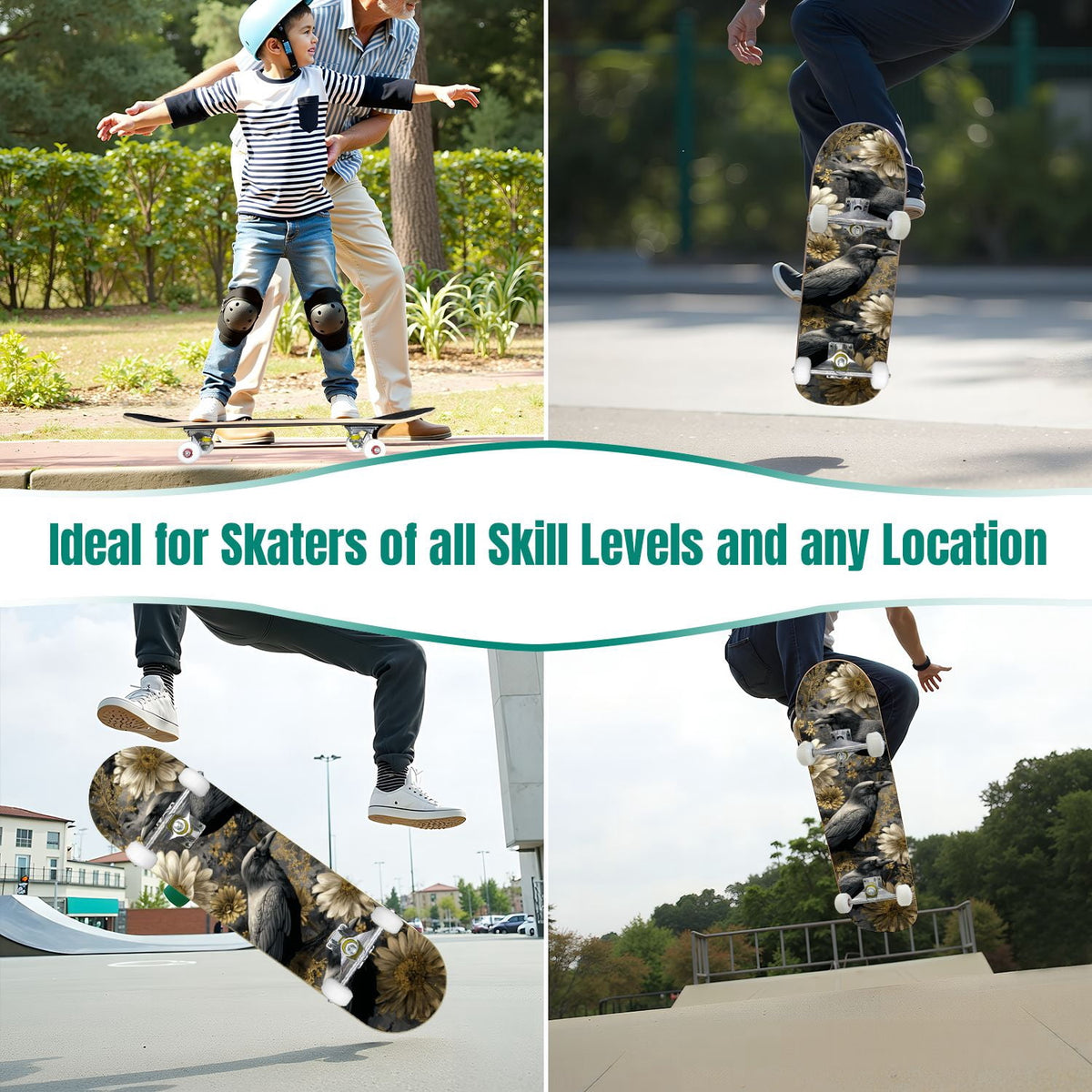 Gothic Purple Blue Floral Dark 31" x 8" Complete Skateboard, 7-Ply Canadian Maple Double Kick Trick Board for Kids and Beginners Adult Gifts