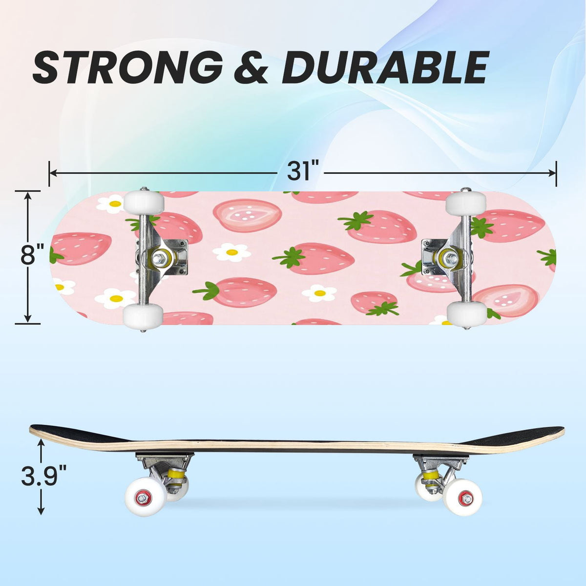 31"x8" Complete Skateboards for Beginners, Cherry Blossom Red Cherry Seamless Pink Botanical Double Kick 7 Ply Canadian Maple Deck Skateboard with Wheels, Gifts for Girls Teens