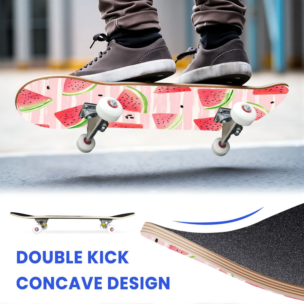 31"x8" Complete Skateboards for Beginners,Watercolor Watermelon Slices Pink Striped Double Kick 7 Ply Canadian Maple Deck Skateboard with Wheels, Gifts for Kids Teens