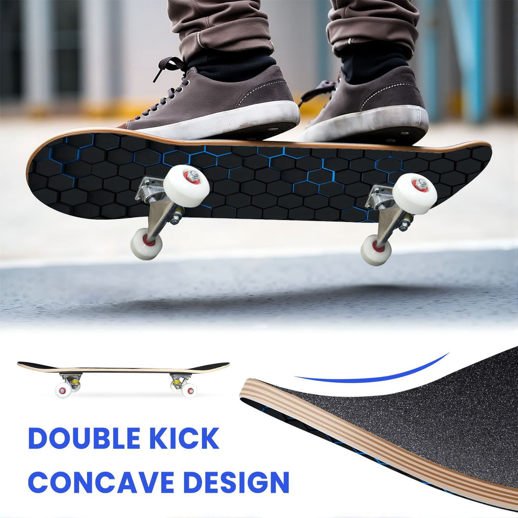31"x8" Complete Skateboards for Beginners,Black Hexagon Honeycomb Glowing Blue Accents Double Kick 7 Ply Canadian Maple Deck Skateboard with Wheels, Gifts for Kids Teens