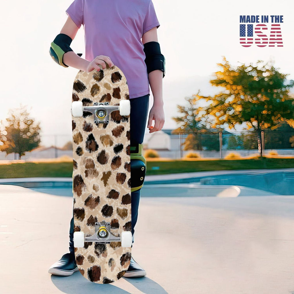 31"x8" Complete Skateboards for Beginners,Leopard Print Black Brown Beige Double Kick 7 Ply Canadian Maple Deck Skateboard with Wheels, Gifts for Kids Teens