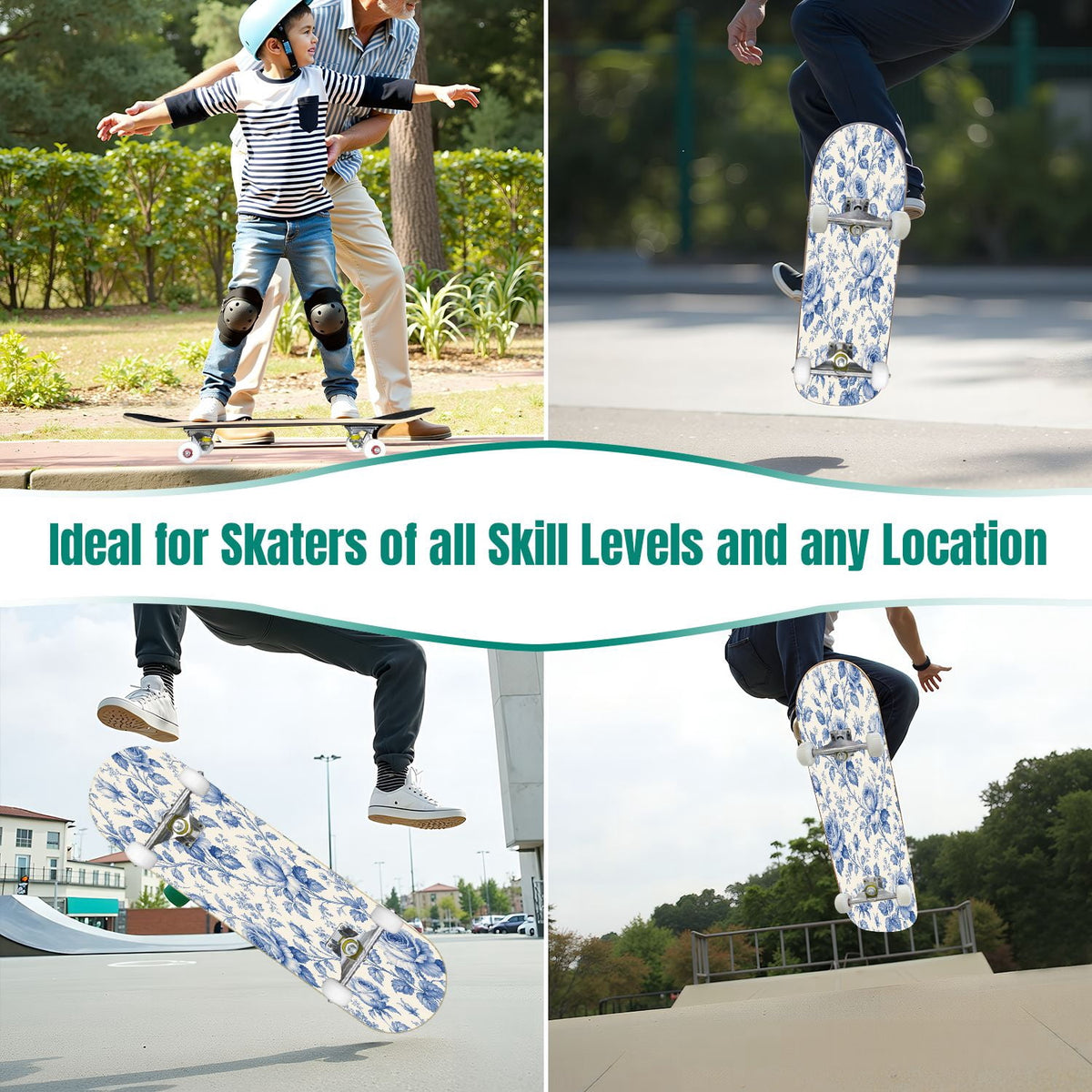 31"x8" Complete Skateboards for Beginners,Elegant White Blue Flowers Soft Petals Dreamy Artistic Double Kick 7 Ply Canadian Maple Deck Skateboard with Wheels, Gifts for Kids Teens
