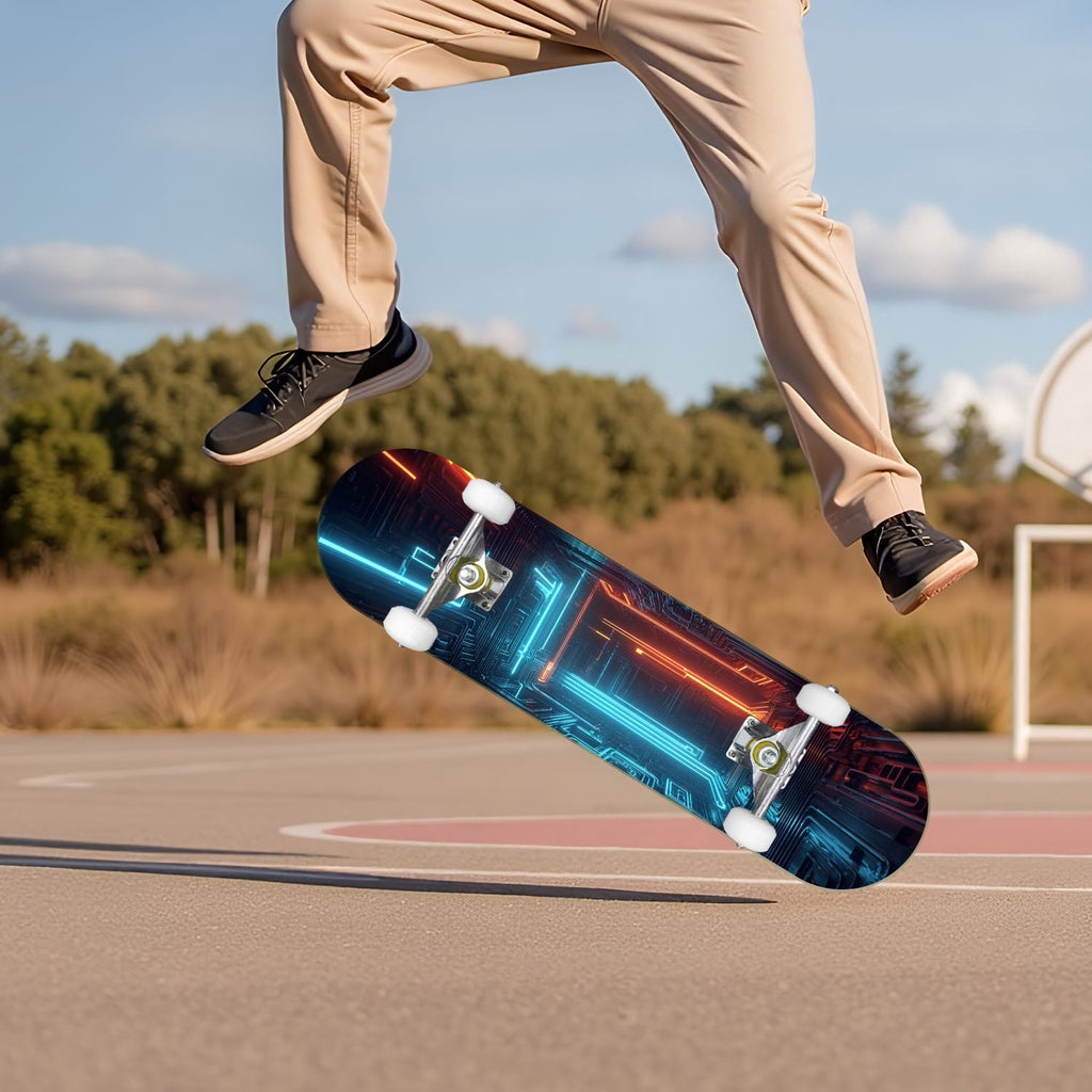 Glowing Futuristic Cubic Tunnel Metallic Tiles Bright Light 31" x 8" Complete Skateboard, 7-Ply Canadian Maple Double Kick Trick Board for Kids and Beginners Adult Gifts