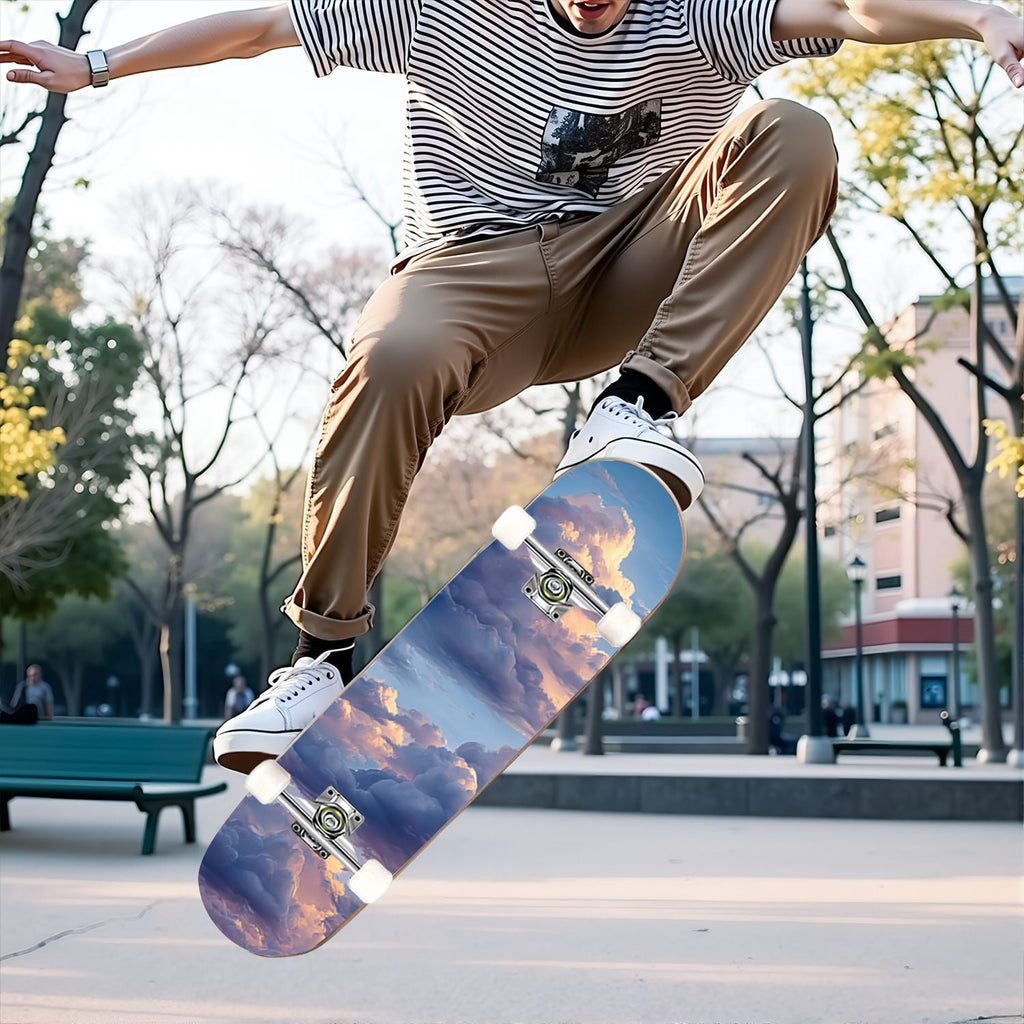 31"x8" Complete Skateboards for Beginners, Cute Light Blue Sky Cartoon Summer Decor Double Kick 7 Ply Canadian Maple Deck Skateboard with Wheels, Gifts for Kids Teens