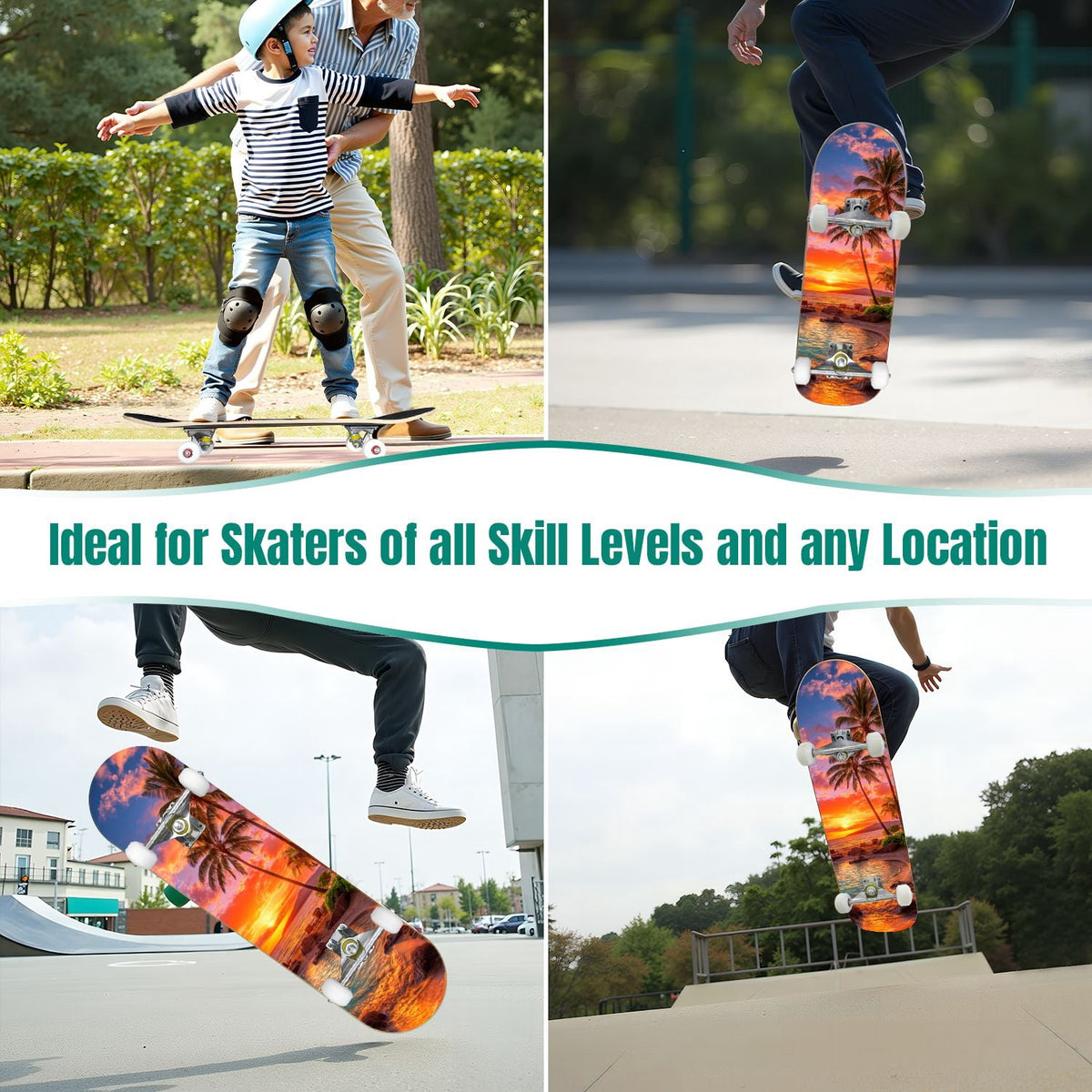 31"x8" Complete Skateboards for Beginners, Blue Deep Sea Sailing Ship Octopus Lighthouse Clouds Ocean Double Kick 7 Ply Canadian Maple Deck Skateboard with Wheels, Gifts for Kids Teens