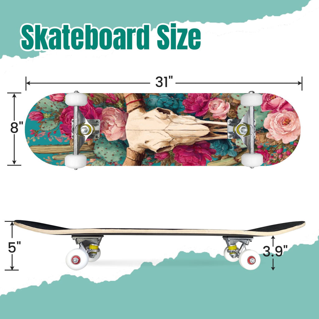 Tropical Jungle Leaf Teal Green Botanical 31" x 8" Complete Skateboard, 7-Ply Canadian Maple Double Kick Trick Board for Kids and Beginners Adult Gifts
