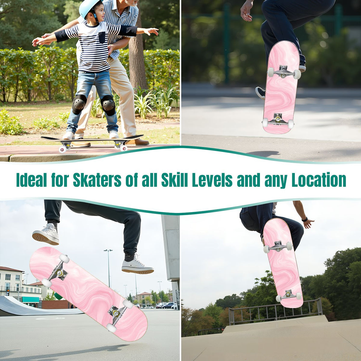 Pink Marble Fluid Abstract Design 31" x 8" Complete Skateboard, 7-Ply Canadian Maple Double Kick Trick Board for Kids and Beginners Adult Gifts