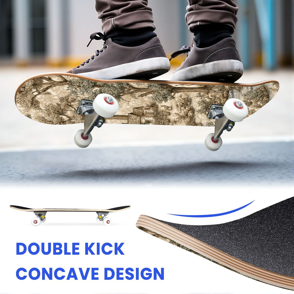 31"x8" Complete Skateboards for Beginners, Vintage Forest Woodland Large Trees Leaves River Cottage Double Kick 7 Ply Canadian Maple Deck Skateboard with Wheels, Gifts for Kids Teens