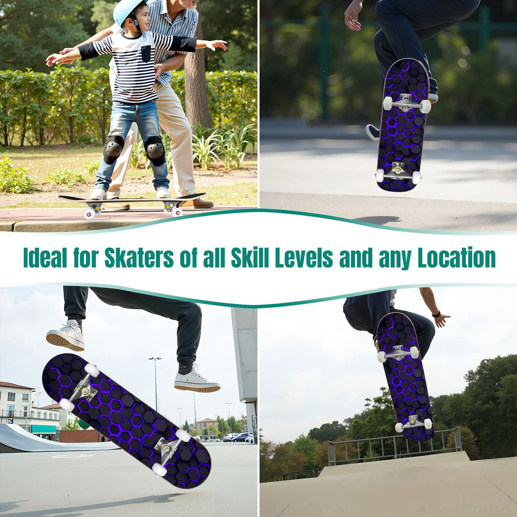 31"x8" Complete Skateboards for Beginners,Geometric Hexagon Glowing Neon Blue Purple Double Kick 7 Ply Canadian Maple Deck Skateboard with Wheels, Gifts for Kids Teens