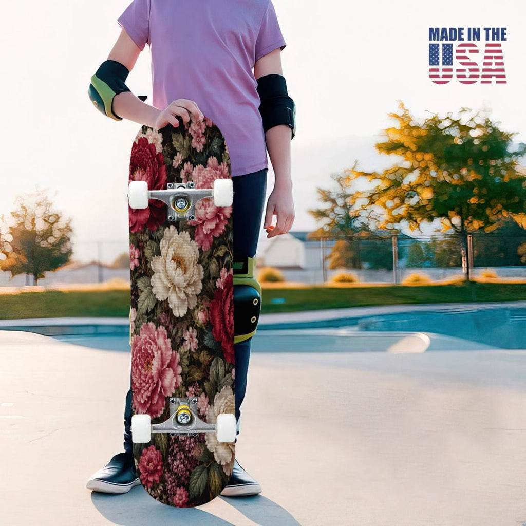 31"x8" Complete Skateboards for Beginners, Vibrant Purple Teal Floral Artwork Golden Accents Vintage Double Kick 7 Ply Canadian Maple Deck Skateboard with Wheels, Gifts for Kids Teens