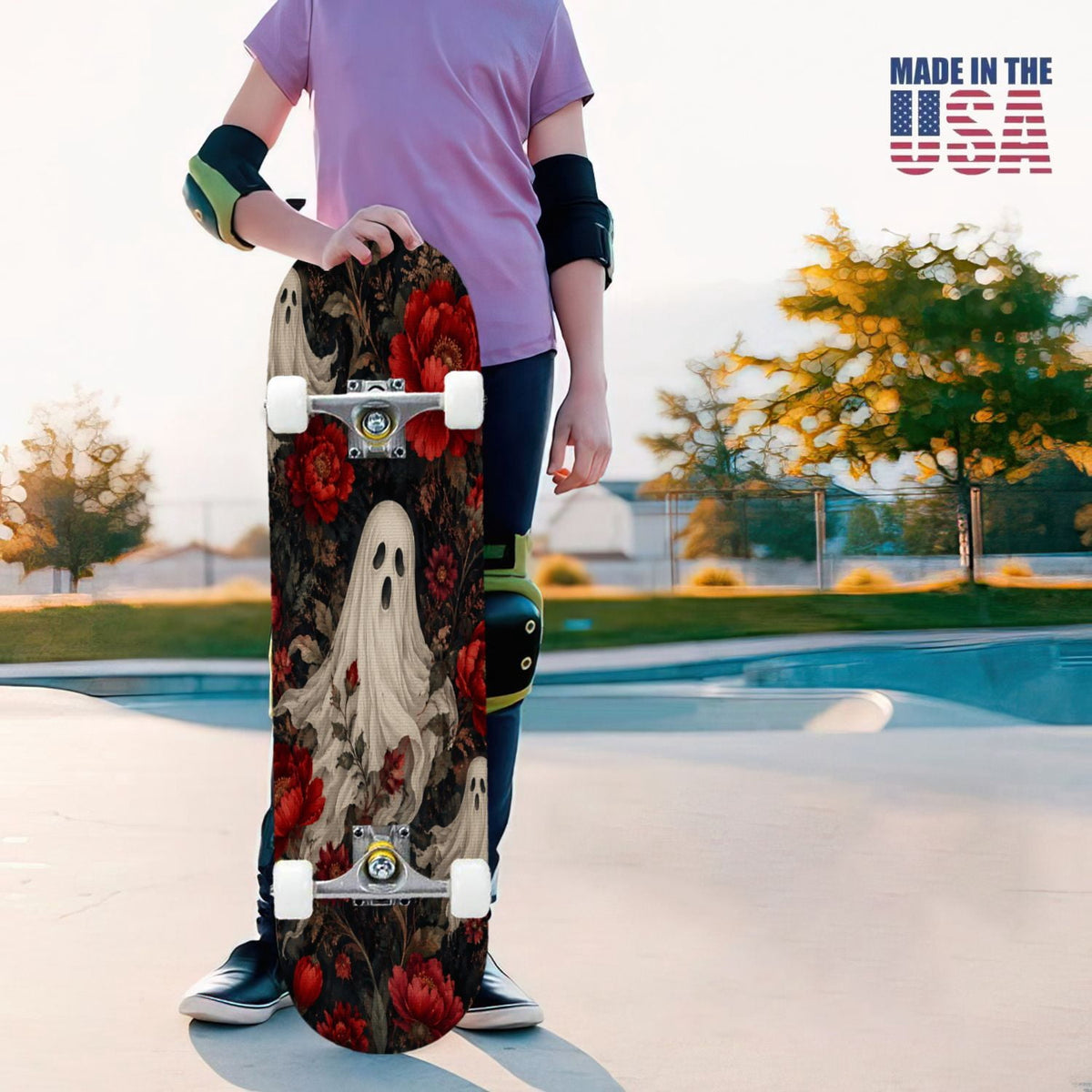 31"x8" Complete Skateboards for Beginners,Halloween Themed Pumpkins Witch Hats Spooky Double Kick 7 Ply Canadian Maple Deck Skateboard with Wheels, Gifts for Kids Teens