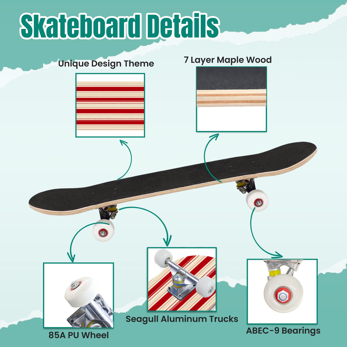 Vintage Floral Bird Sepia Tones 31" x 8" Complete Skateboard, 7-Ply Canadian Maple Double Kick Trick Board for Kids and Beginners Adult Gifts