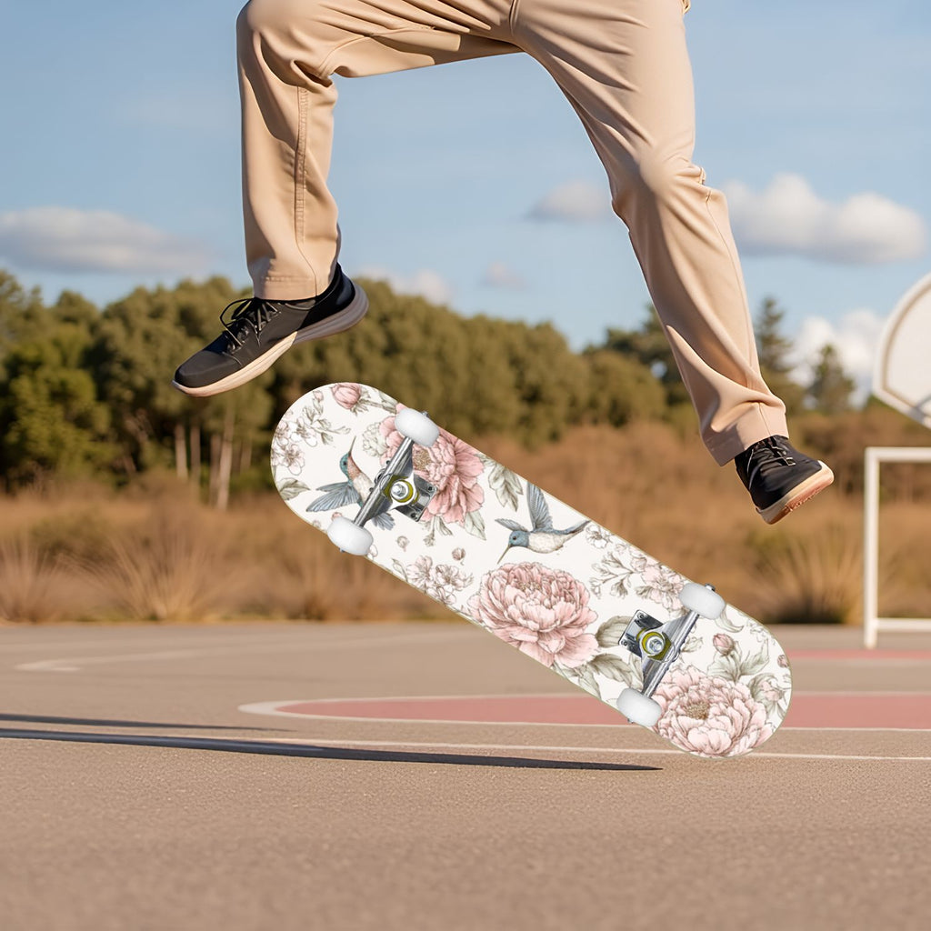 Botanical Floral Peonies Hummingbirds 31" x 8" Complete Skateboard, 7-Ply Canadian Maple Double Kick Trick Board for Kids and Beginners Adult Gifts