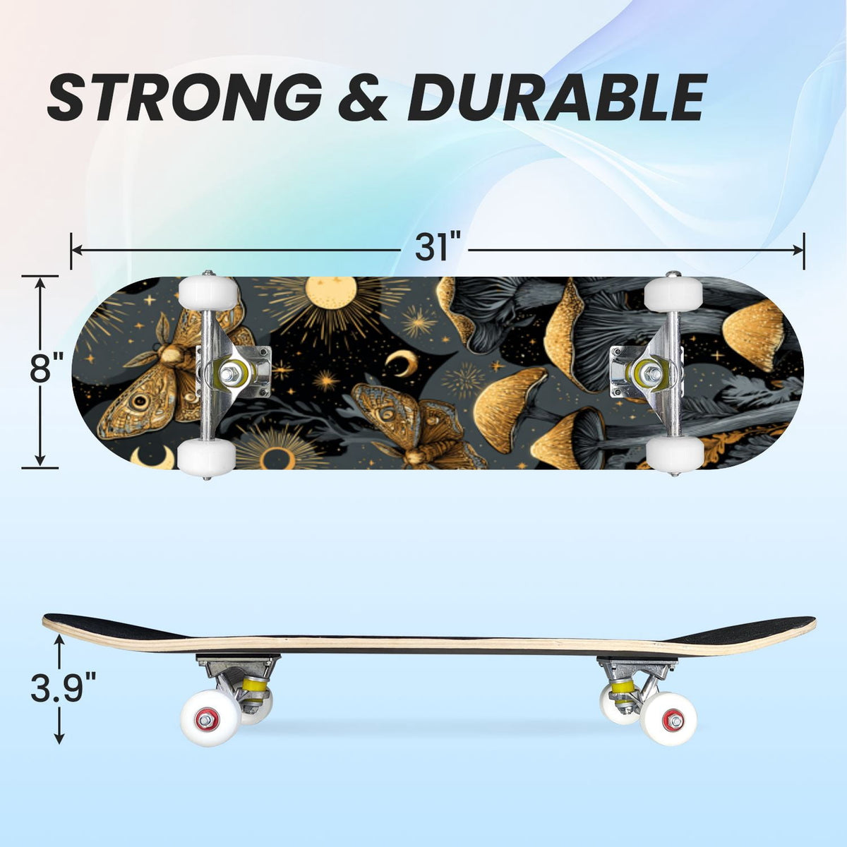 31"x8" Complete Skateboards for Beginners,Whimsical Blue Butterflies Green Foliage Dark Night Fantasy Double Kick 7 Ply Canadian Maple Deck Skateboard with Wheels, Gifts for Kids Teens