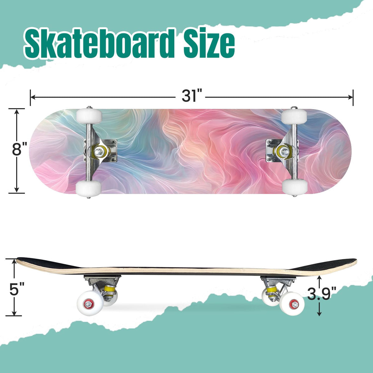 Pink Marble Fluid Abstract Design 31" x 8" Complete Skateboard, 7-Ply Canadian Maple Double Kick Trick Board for Kids and Beginners Adult Gifts