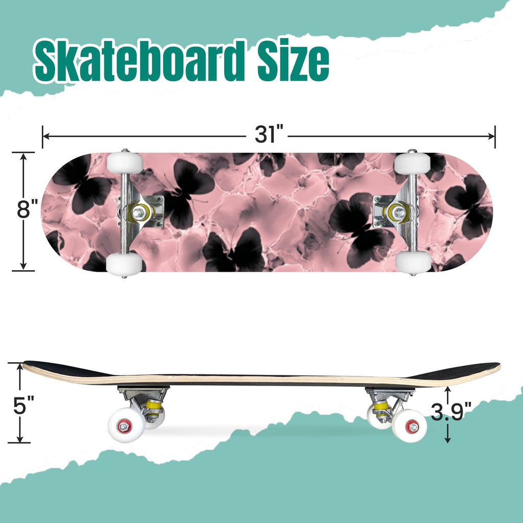 Delicate Pink Floral Ribbon Design 31" x 8" Complete Skateboard, 7-Ply Canadian Maple Double Kick Trick Board for Kids and Beginners Adult Gifts