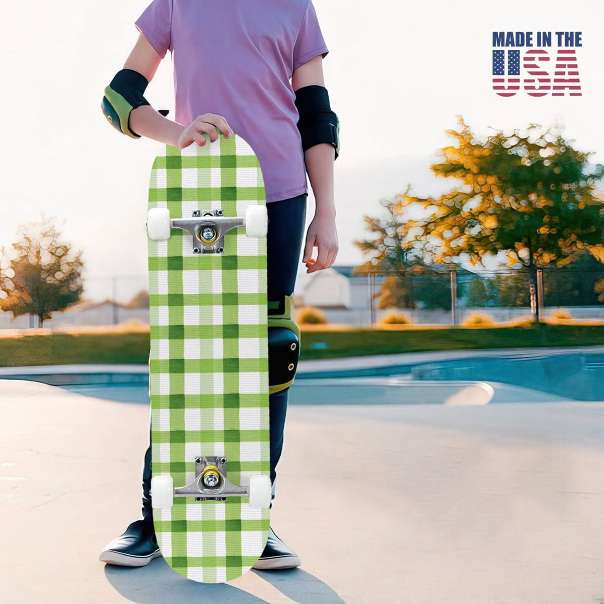 31"x8" Complete Skateboards for Beginners,Mint Green White Plaid Tartan Subtle Double Kick 7 Ply Canadian Maple Deck Skateboard with Wheels, Gifts for Kids Teens