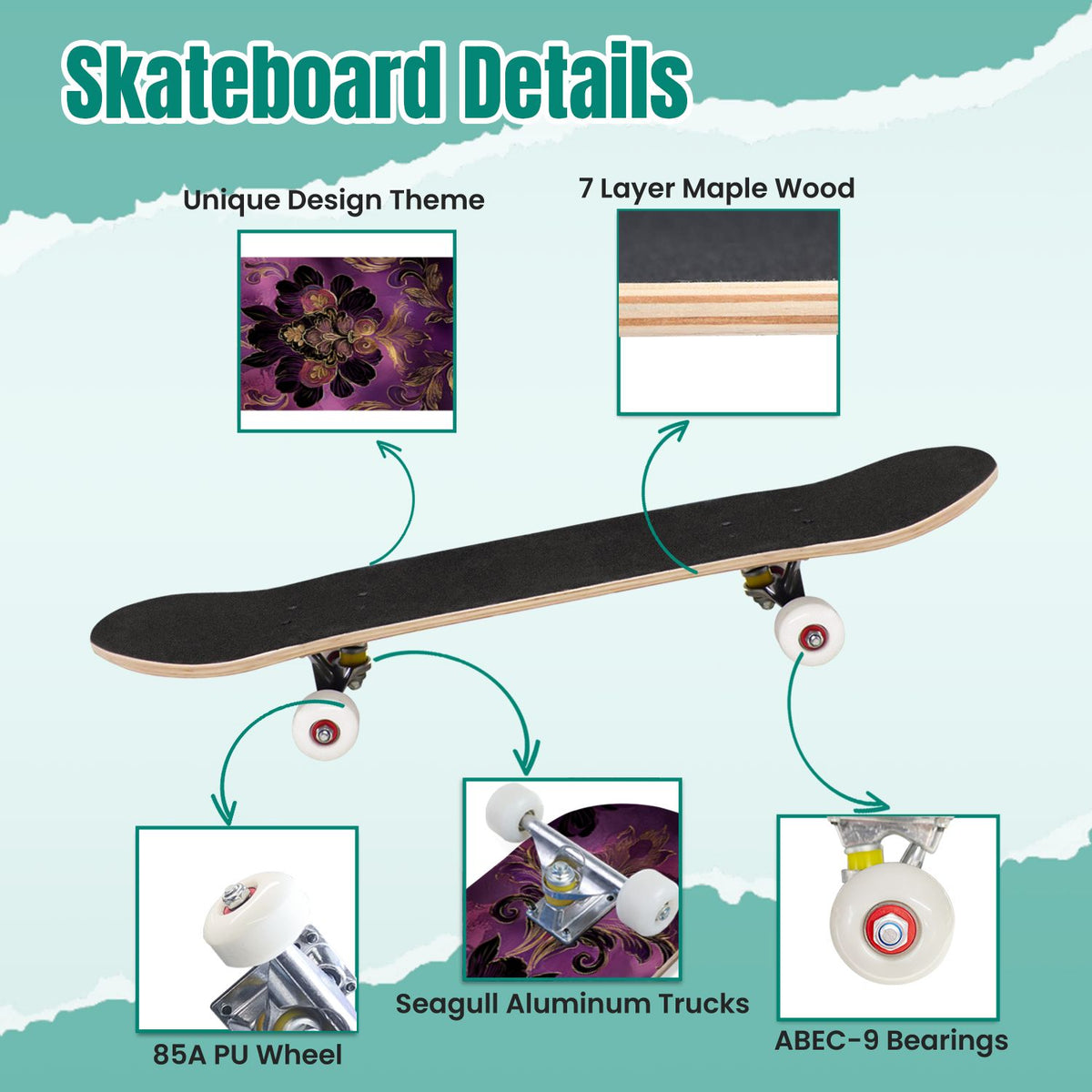 Monstera Leaves Leopard Print Seamless Earth Tones 31" x 8" Complete Skateboard, 7-Ply Canadian Maple Double Kick Trick Board for Kids and Beginners Adult Gifts