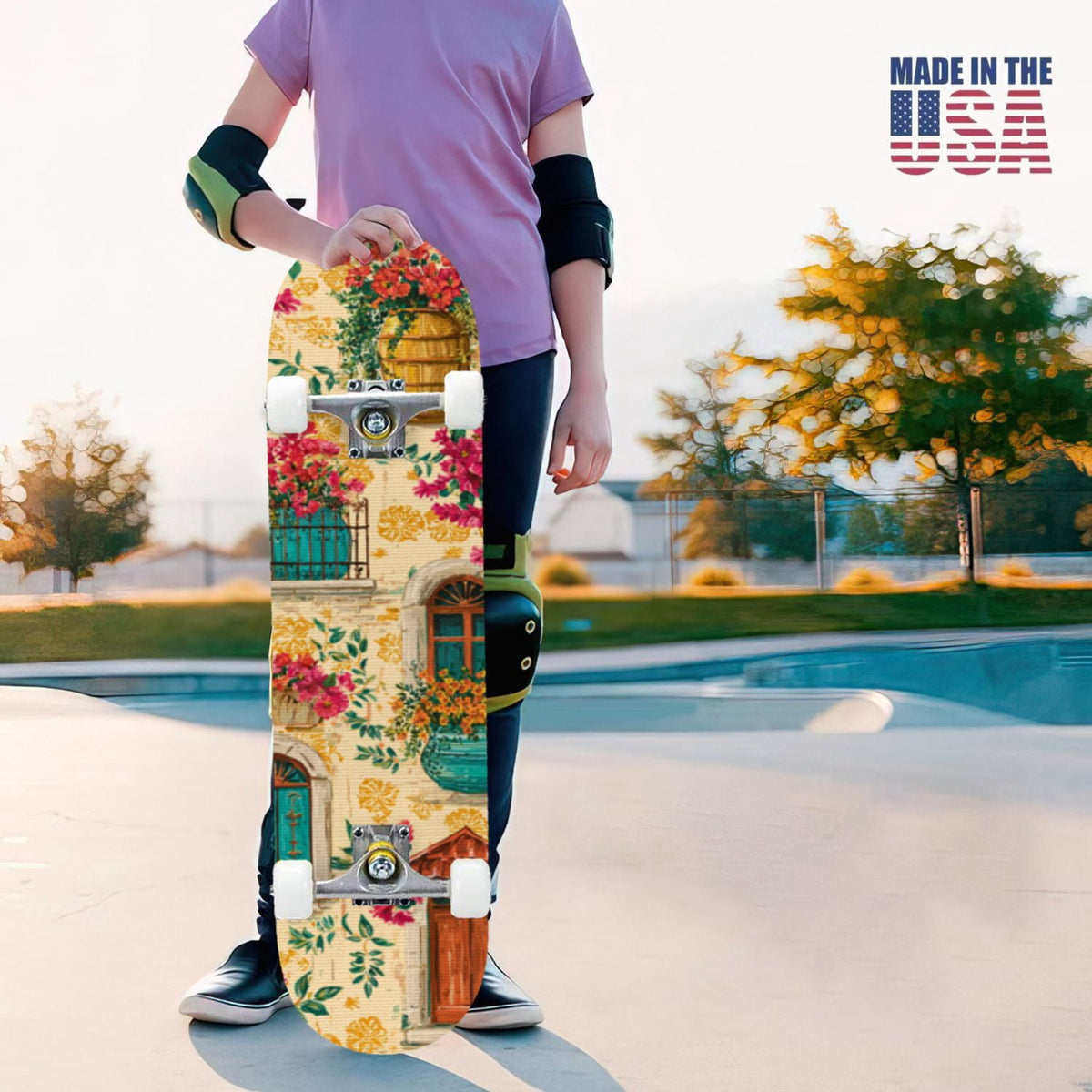 31"x8" Complete Skateboards for Beginners, Vintage Forest Woodland Large Trees Leaves River Cottage Double Kick 7 Ply Canadian Maple Deck Skateboard with Wheels, Gifts for Kids Teens