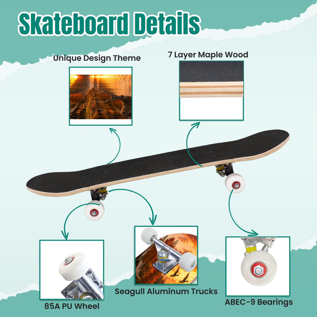3D Nude Visual Effect Yellowish Brown Layered Chrysanthemum 31" x 8" Complete Skateboard, 7-Ply Canadian Maple Double Kick Trick Board for Kids and Beginners Adult Gifts
