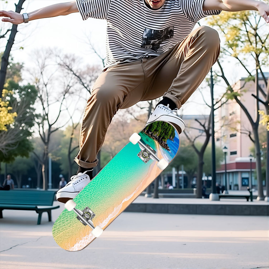31"x8" Complete Skateboards for Beginners, Idyllic Tropical Beach Turquoise Water Golden Sand Shoreline Double Kick 7 Ply Canadian Maple Deck Skateboard with Wheels, Gifts for Kids Teens