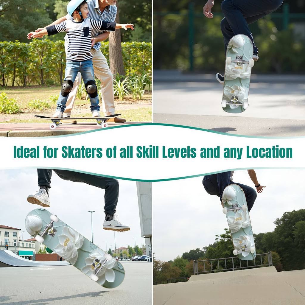 Delicate White Lotus Flowers Leaves Soft Blue 31" x 8" Complete Skateboard, 7-Ply Canadian Maple Double Kick Trick Board for Kids and Beginners Adult Gifts