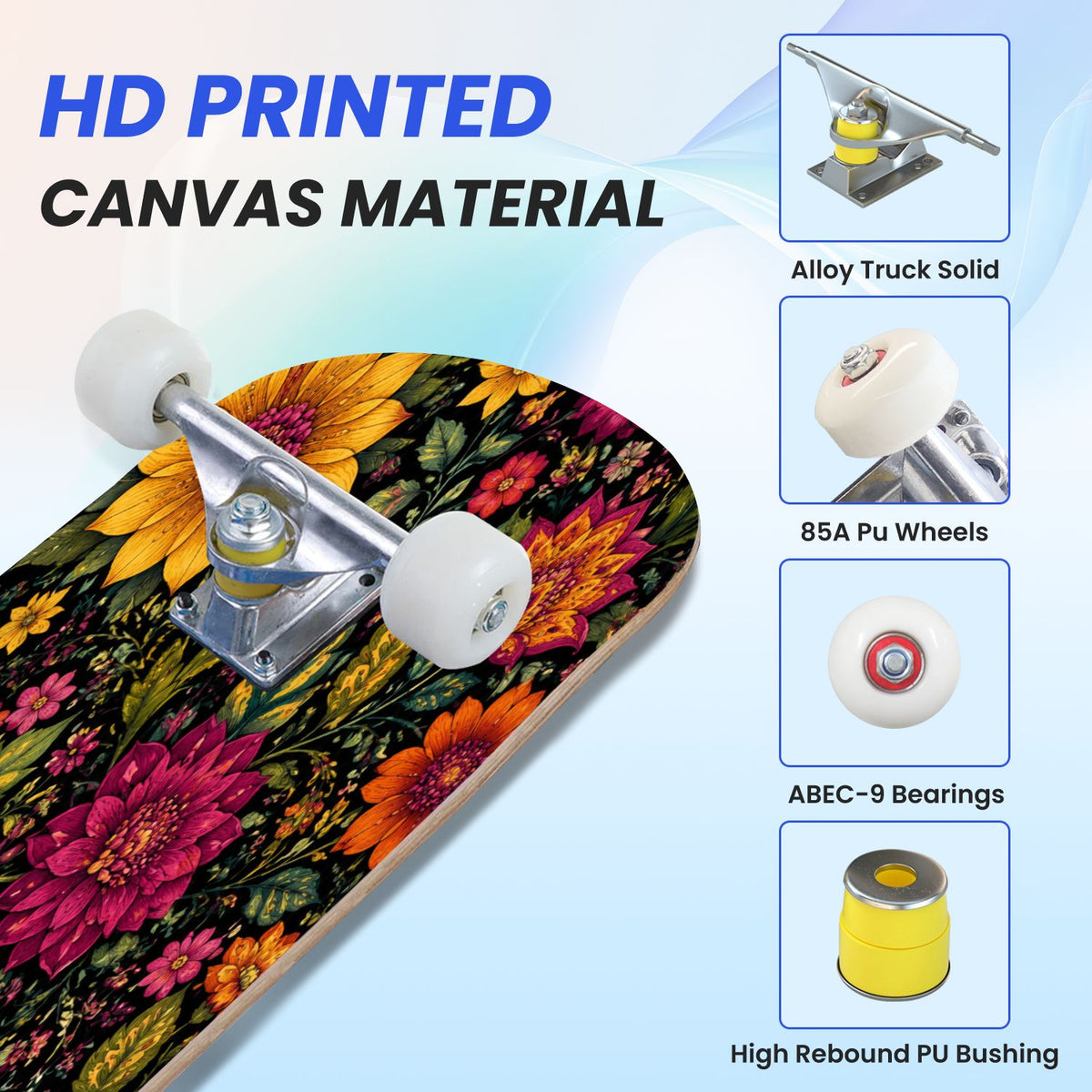 31"x8" Complete Skateboards for Beginners, Colorful Sugar Skulls Floral Patterns Mexican Double Kick 7 Ply Canadian Maple Deck Skateboard with Wheels, Gifts for Kids Teens