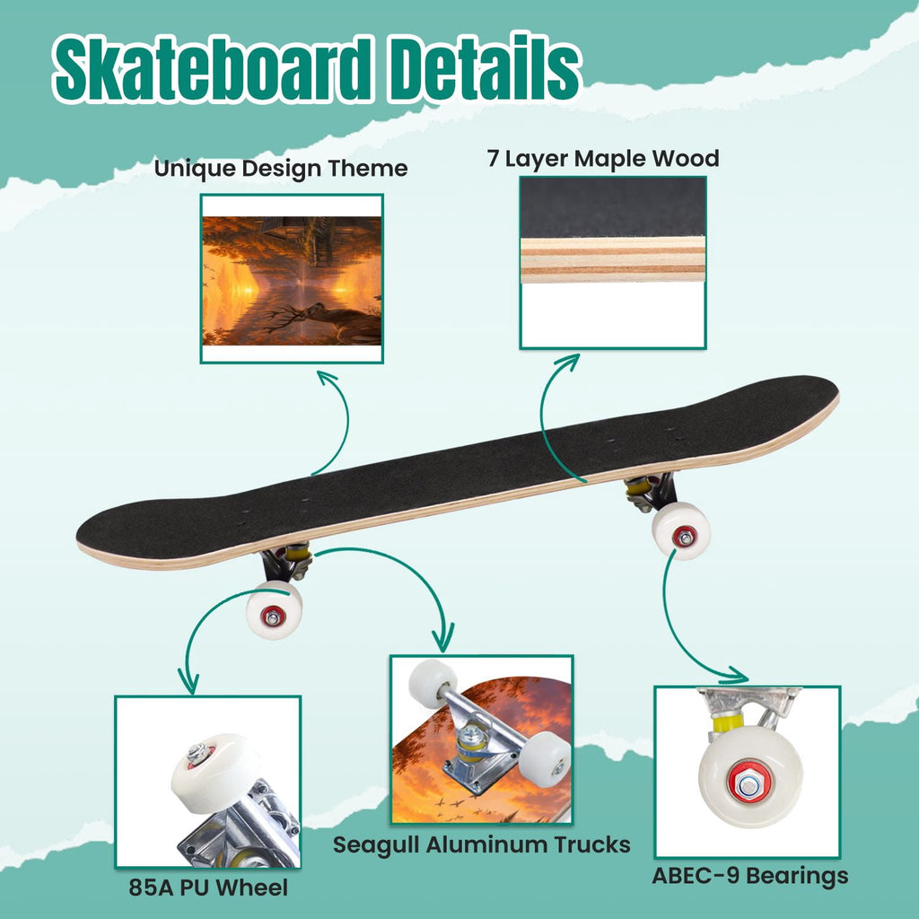 Modern Botanical Watercolor Pink Gold Mint Navy Leaves 31" x 8" Complete Skateboard, 7-Ply Canadian Maple Double Kick Trick Board for Kids and Beginners Adult Gifts