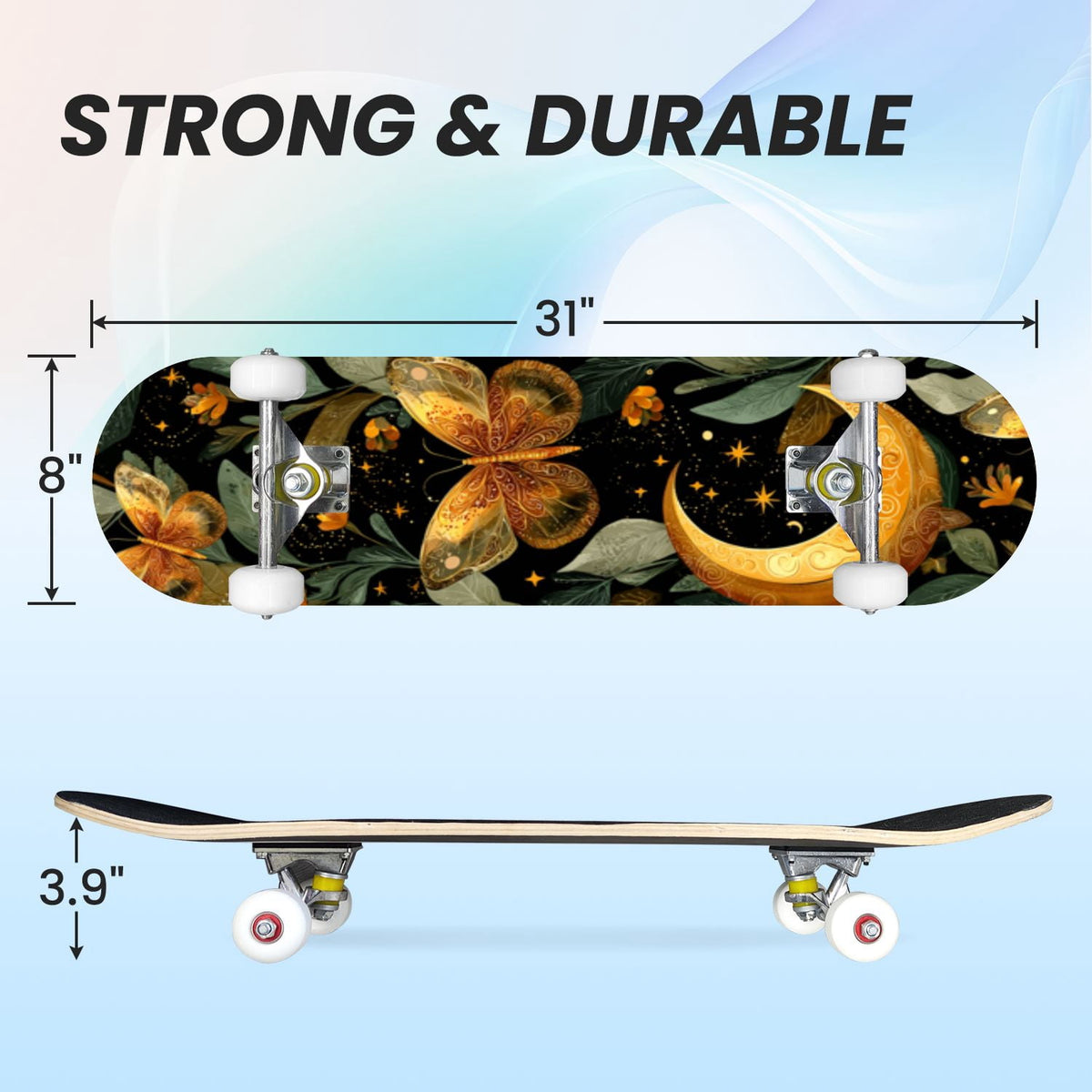 31"x8" Complete Skateboards for Beginners,Whimsical Moths Flowers Pastel Colors Stars Moon Mystical Double Kick 7 Ply Canadian Maple Deck Skateboard with Wheels, Gifts for Kids Teens