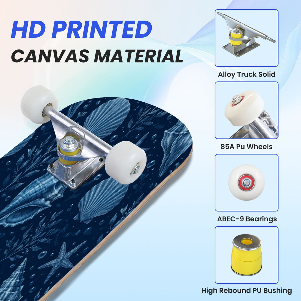 31"x8" Complete Skateboards for Beginners, Seashell Starfish Blue White Nautical Marine Life Double Kick 7 Ply Canadian Maple Deck Skateboard with Wheels, Gifts for Kids Teens