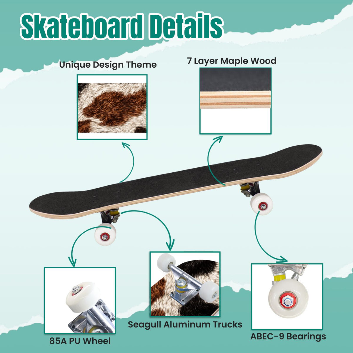 Western Cowboy Horses Desert Landscape 31" x 8" Complete Skateboard, 7-Ply Canadian Maple Double Kick Trick Board for Kids and Beginners Adult Gifts