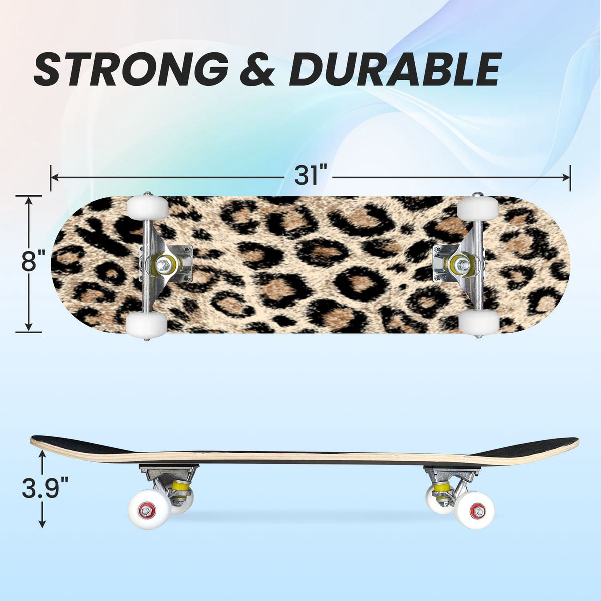 31"x8" Complete Skateboards for Beginners,Black Leopard Print Grey Double Kick 7 Ply Canadian Maple Deck Skateboard with Wheels, Gifts for Kids Teens