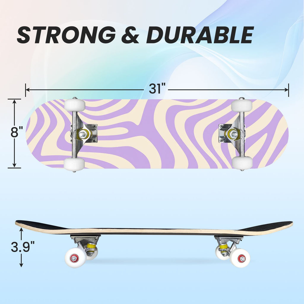 31"x8" Complete Skateboards for Beginners, Abstract Wavy Purple Beige Zebra Design Double Kick 7 Ply Canadian Maple Deck Skateboard with Wheels, Gifts for Kids Teens