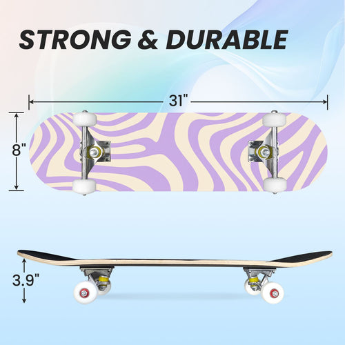 31"x8" Complete Skateboards for Beginners, Abstract Wavy Purple Beige Zebra Design Double Kick 7 Ply Canadian Maple Deck Skateboard with Wheels, Gifts for Kids Teens