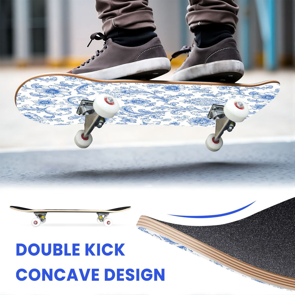 31"x8" Complete Skateboards for Beginners,Blue Botanical Leaf White Double Kick 7 Ply Canadian Maple Deck Skateboard with Wheels, Gifts for Kids Teens