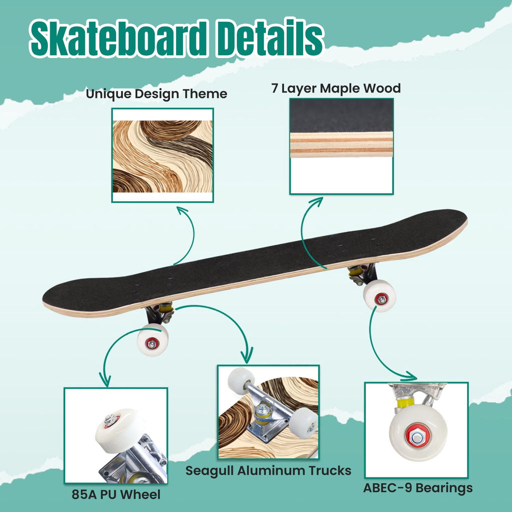 Vintage Movie Theater Classic Cinema 31" x 8" Complete Skateboard, 7-Ply Canadian Maple Double Kick Trick Board for Kids and Beginners Adult Gifts